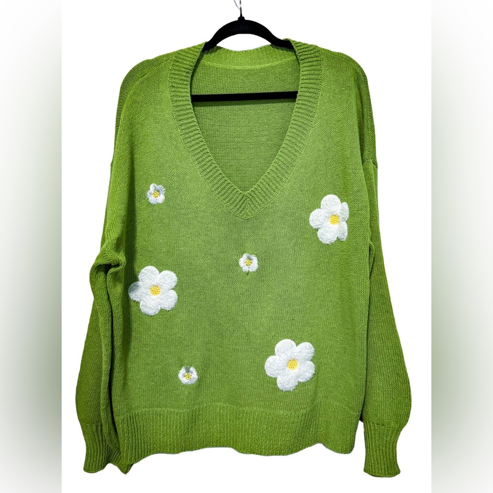 Shein Curve 3X Lime Green Daisy Embroidered V-Neck Sweater NWOT - Picture 6 of 11